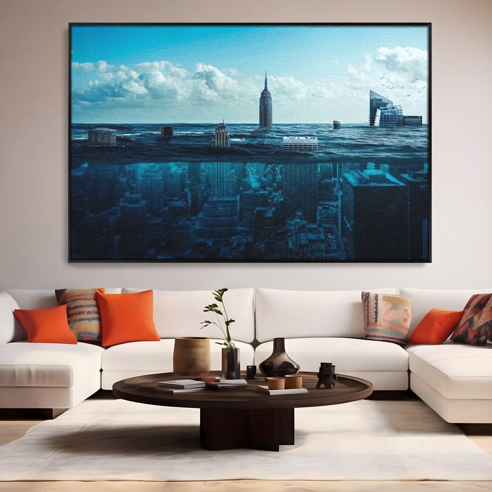 Tablou canvas cu ilustratie digitala cu oras scufundat in ocean, in rama de aluminiu negru, pe perete intr-un living